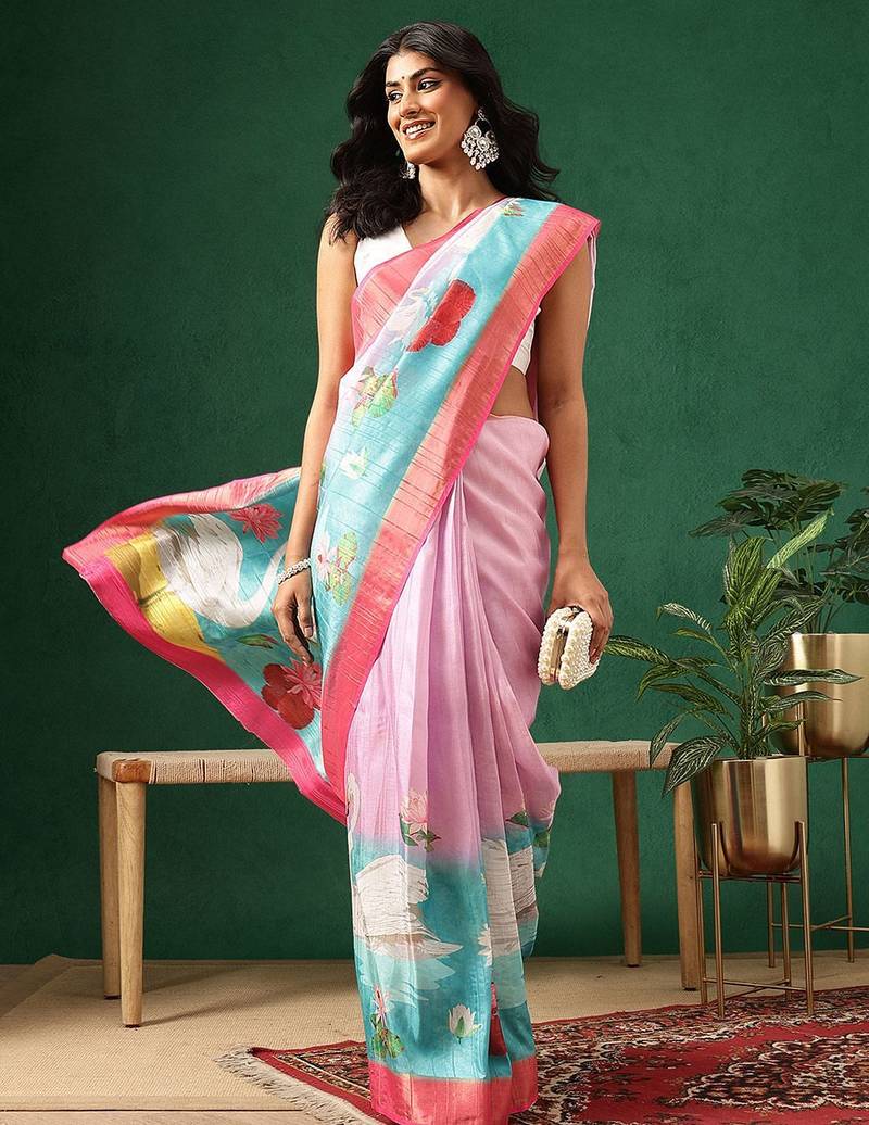 Pink printed art silk ethnic saree with blouse piece