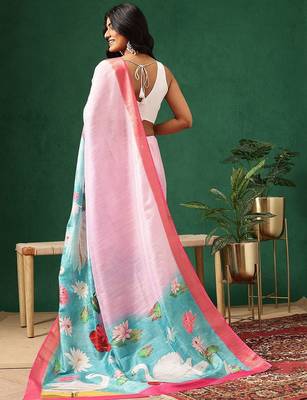 Pink printed art silk ethnic saree with blouse piece 2