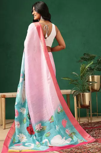 Pink printed art silk ethnic saree with blouse piece