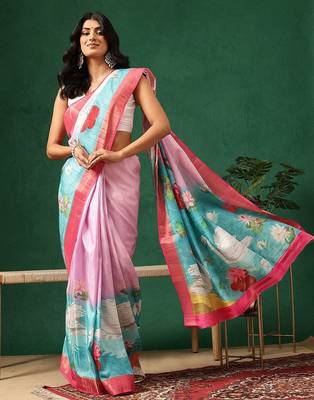 Pink printed art silk ethnic saree with blouse piece 3
