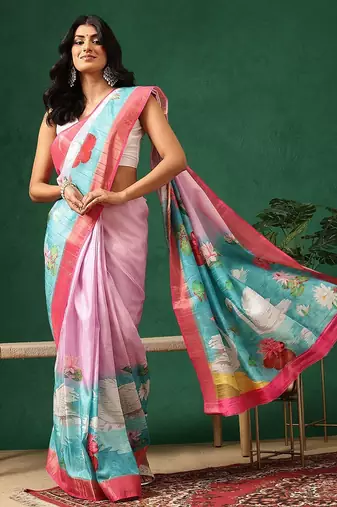 Pink printed art silk ethnic saree with blouse piece