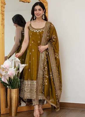 Olive green vichitra silk embroidered anarkali gown set with dupatta 1