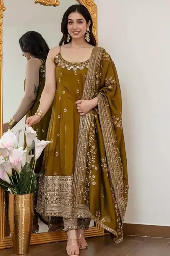 Olive green vichitra silk embroidered anarkali gown set with dupatta