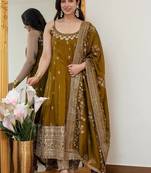 Olive green vichitra silk embroidered anarkali gown set with dupatta