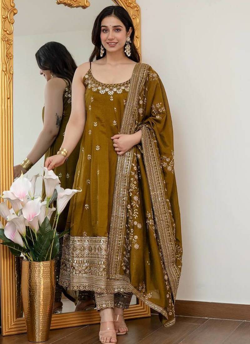 Olive green vichitra silk embroidered anarkali gown set with dupatta