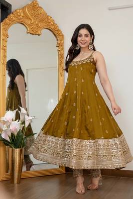 Olive green vichitra silk embroidered anarkali gown set with dupatta 2