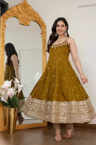 Olive green vichitra silk embroidered anarkali gown set with dupatta