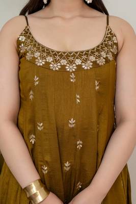 Olive green vichitra silk embroidered anarkali gown set with dupatta 4