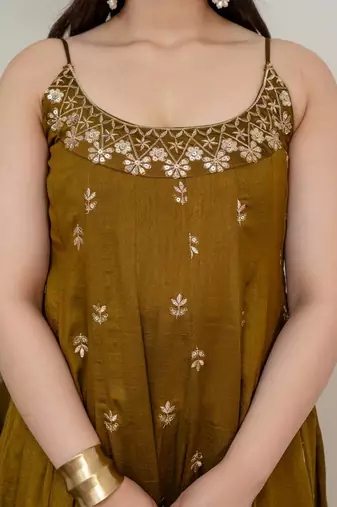 Olive green vichitra silk embroidered anarkali gown set with dupatta