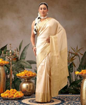 Cream woven silk blend ethnic saree with blouse piece 1