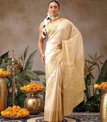 Cream woven silk blend ethnic saree with blouse piece