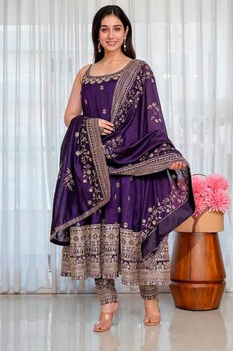 Purple vichitra silk heavy embroidered anarkali gown set with dupatta