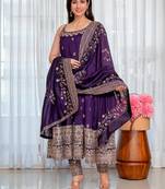 Purple vichitra silk heavy embroidered anarkali gown set with dupatta