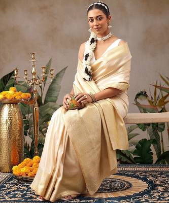 Cream woven silk blend ethnic saree with blouse piece 3