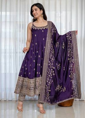 Purple vichitra silk heavy embroidered anarkali gown set with dupatta 2