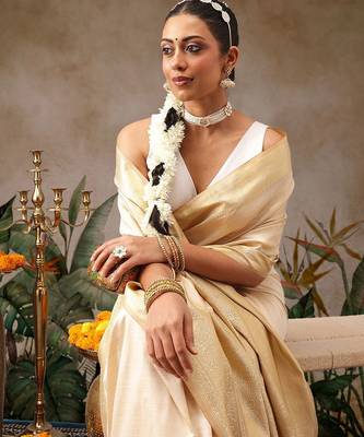 Cream woven silk blend ethnic saree with blouse piece 4