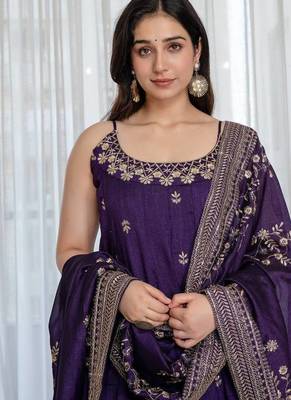Purple vichitra silk heavy embroidered anarkali gown set with dupatta 4