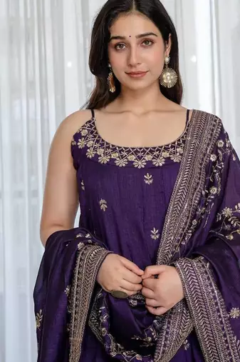 Purple vichitra silk heavy embroidered anarkali gown set with dupatta