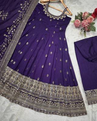 Purple vichitra silk heavy embroidered anarkali gown set with dupatta 5