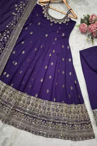 Purple vichitra silk heavy embroidered anarkali gown set with dupatta