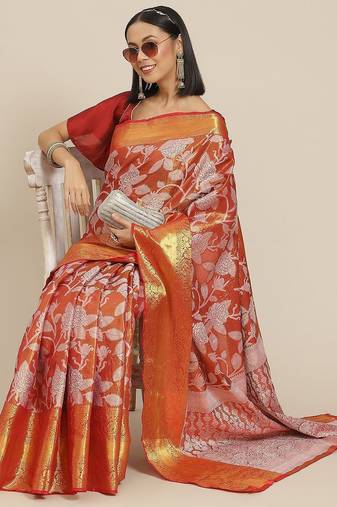 Red woven tissue party wear saree with blouse piece
