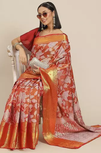 Red woven tissue party wear saree with blouse piece