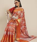 Red woven tissue party wear saree with blouse piece