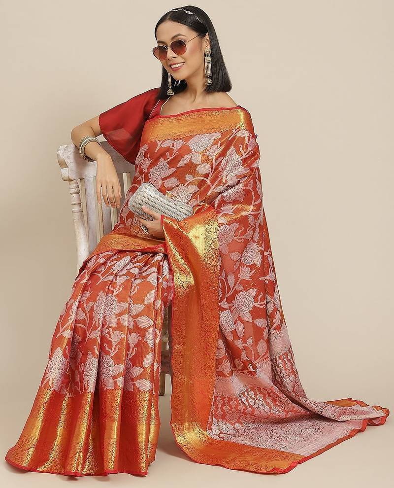 Red woven tissue party wear saree with blouse piece