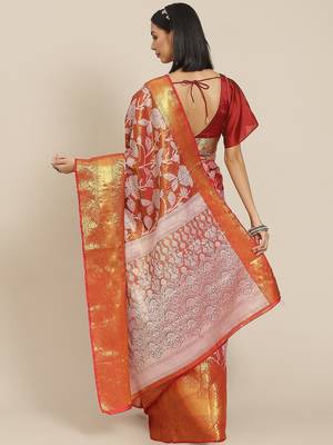 Red woven tissue party wear saree with blouse piece 2