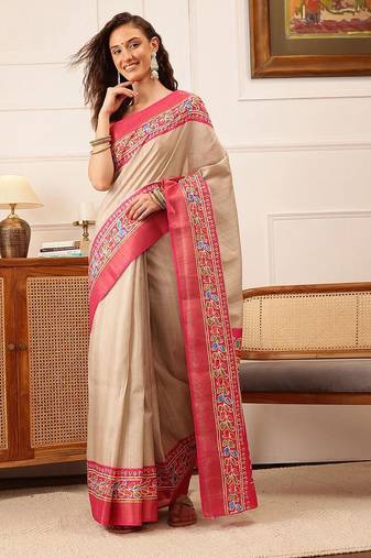 Beige plain silk blend ethnic saree with blouse piece