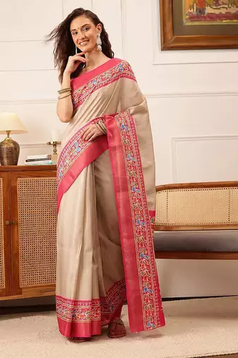 Beige plain silk blend ethnic saree with blouse piece