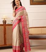 Beige plain silk blend ethnic saree with blouse piece