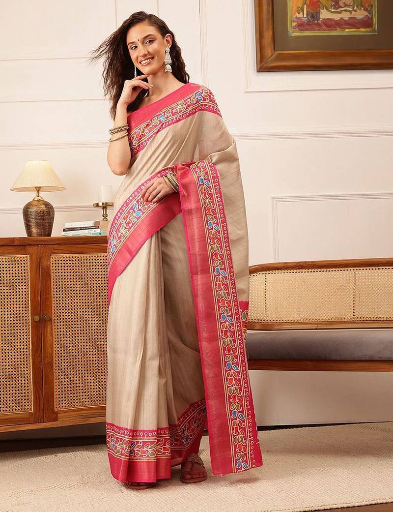 Beige plain silk blend ethnic saree with blouse piece