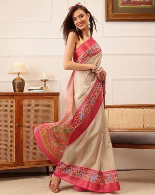 Beige plain silk blend ethnic saree with blouse piece 2