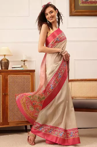 Beige plain silk blend ethnic saree with blouse piece