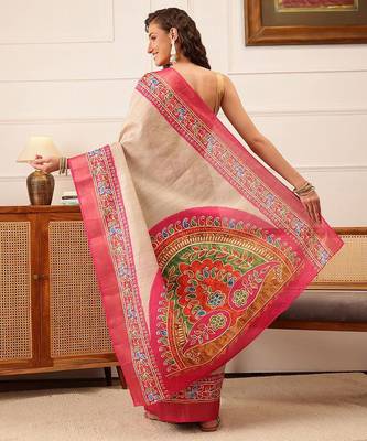 Beige plain silk blend ethnic saree with blouse piece 3