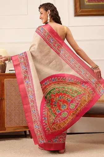 Beige plain silk blend ethnic saree with blouse piece