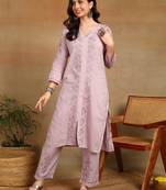 Women mauve ethnic motifs embroidered cotton front slit chikankari kurta with trousers