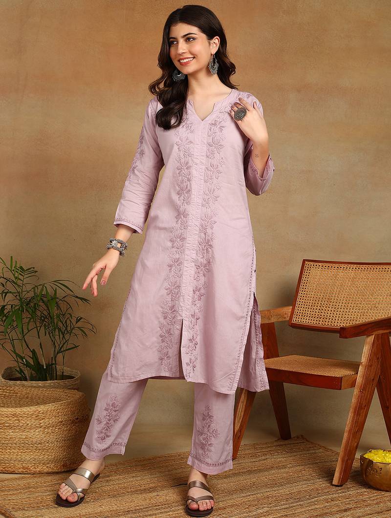 Women mauve ethnic motifs embroidered cotton front slit chikankari kurta with trousers