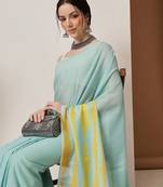 Teal plain cotton blend festive saree with blouse piece