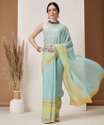 Teal plain cotton blend festive saree with blouse piece 2