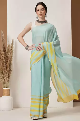 Teal plain cotton blend festive saree with blouse piece