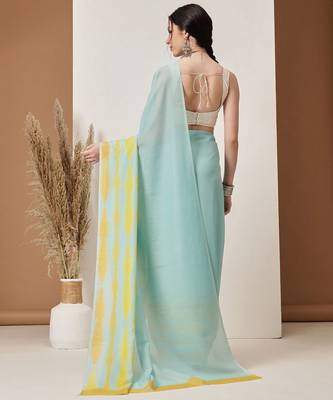 Teal plain cotton blend festive saree with blouse piece 3