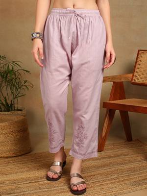 Women mauve ethnic motifs embroidered cotton front slit chikankari kurta with trousers 5