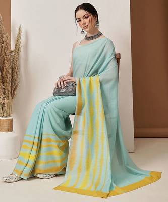 Teal plain cotton blend festive saree with blouse piece 4