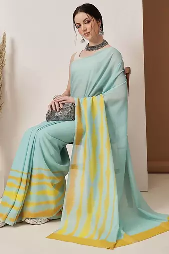 Teal plain cotton blend festive saree with blouse piece