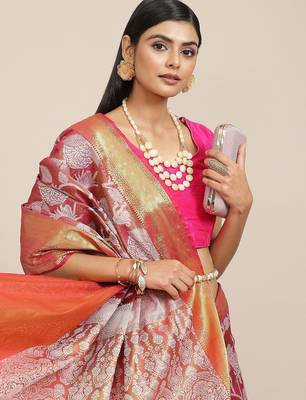 Pink woven tissue party wear saree with blouse piece 1