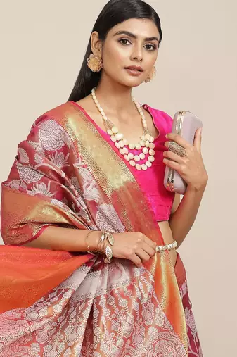 Pink woven tissue party wear saree with blouse piece