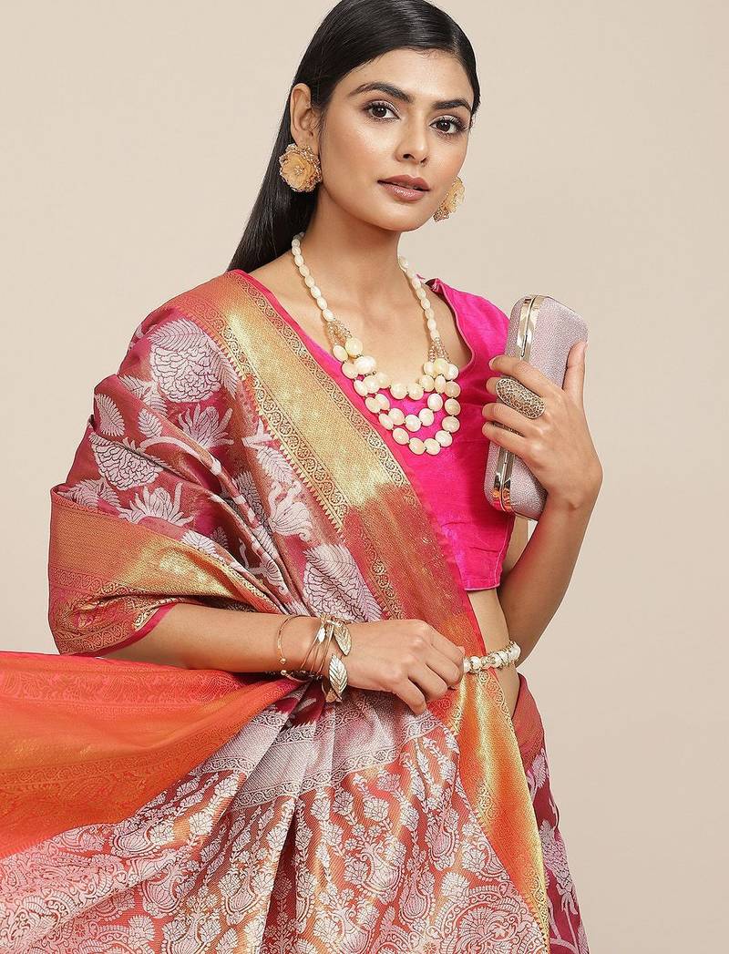 Pink woven tissue party wear saree with blouse piece