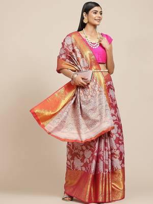Pink woven tissue party wear saree with blouse piece 2